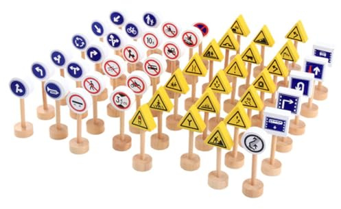 HOODANCOS Lot de Panneaux de Signalisation en Bois Double Face Éducatif pour Petite Enfance Modèle Réaliste de 50 Pièces Simulation de Marquage Routier pour Apprentissage et