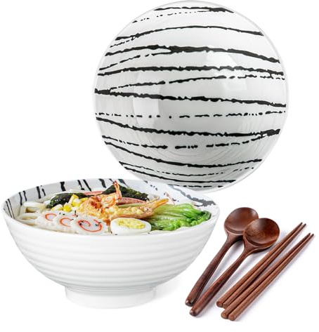 YUN TAO Ramen Bowl Set, 1183ml Large White Ceramic Soup Bowls Set of 2 with Chopsticks and Spoons, Japanese Asian Pho Bowls, Deep Ramen Noodle Bowls for Home Use