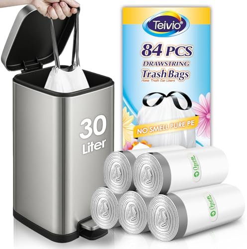 Teivio Soppåse med dragsko 30–35 l vit, 84 stycken, medelstora soppåsar med dragsko för 25–35 l soptunna, soptunna för hushåll kök badrum kontorsavfallspåse