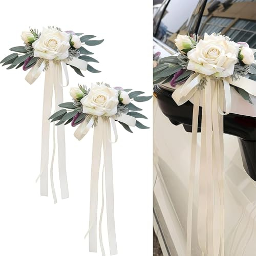 2 Stück Hochzeit Autoschmuck, Autoschleifen Hochzeit, Schleifen Hochzeit Auto mit Saugnäpfen, Auto Dekorationsartikel für Autospiegel, Hochzeitsautos, Geburtstagsfeiern (Milchig Weiß)