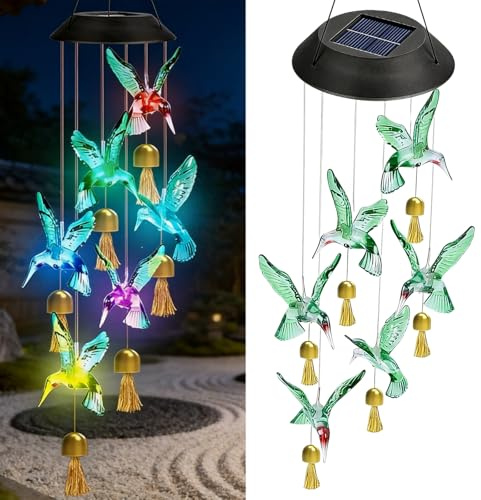 Solaire Carillon a Vent Exterieur, 2 Pièces Carillons Éoliens Solair avec LED Colibri, Étanche pour Jardin Terrasse Patio Cour, Décoration Suspendue Lumineuse, Idéal Cadeau Maman Fête Noël