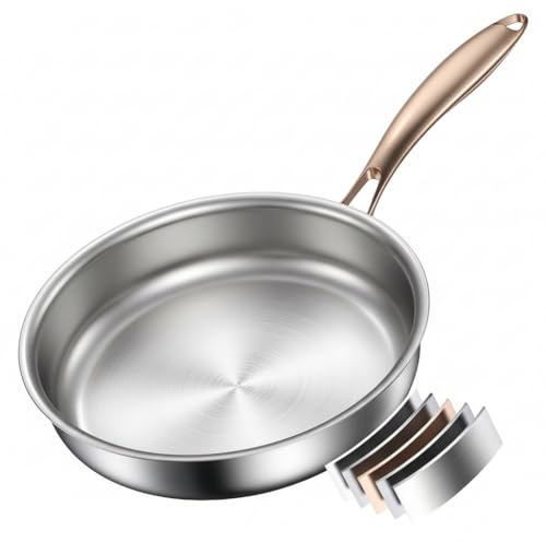 Akaice Stainless Steel Frying Pan 28cm, 18/10 Stainless Steel Pan Non Toxic, 5 ply Skillet Pan Uncoated with Rose Gold Handle, PTFE & PFOA-Free, Compatible with All Hobs, 11 inch Cooking Pan Even Heat
