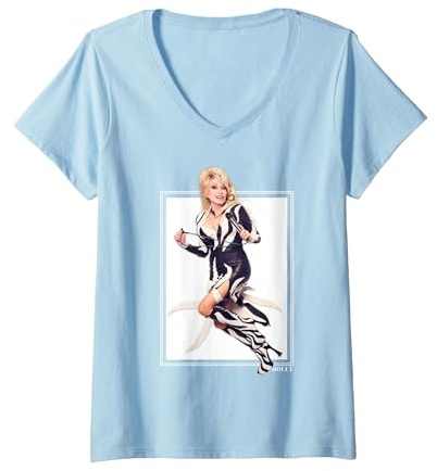 Femme La Rockstar emblématique de Dolly Parton T-Shirt avec Col en V, Bleu Céleste, M