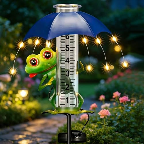 RNPKZ 7-Zoll Regenmesser, Niederschlagsmesser mit Erdspieß und Solar-LED-Leuchten, Frosch Regenmesser Frostsicher, Gut präzise et Ablesbar, Gartenzubehör, dekorativ für Garte Rasen Terrasse und Hof