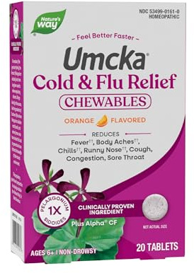 Nature's Way Umcka Cold and Flu Relief Chewables, Non-Drowsy Multi-Symptom Relief, Homeopathic Cold Medicine and Remedy, Shortens & Reduces Severity of Colds, Orange-Flavored Tablets, 20 Count