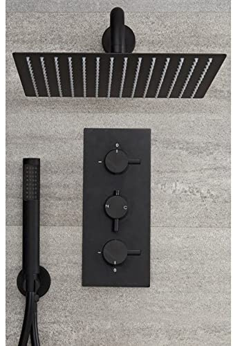 MILANO Thermostatic Mixer Valve Wall Mounted Shower Head Handset Black