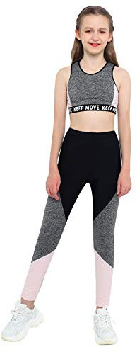 MSemis Teenager Mädchen Sport Kleidung Set Jogginganzug Trainingsanzug Yoga Fitness Crop Top Oberteil mit Leggings Streetwear (Grau+Schwarz, 134-140)