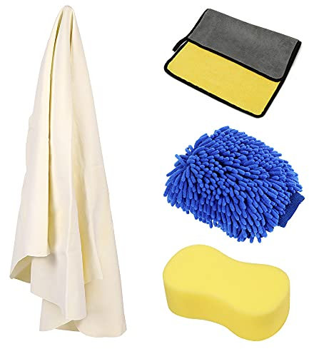 Jstzdq Premium Natural Drying Chamois Leather, Microfiber Car Wash Mitt, Sponge & Microfibre Cleaning Cloth, 4pcs Car Wash Cleaning Tool Kit for Auto Moto Home Professional Cleaning in Daily Use