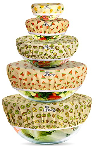 Beeswax Bowl Covers Set of 5 (XS–XL) – Reusable Elastic Food Covers for Bowls – Organic Cotton with Beeswax, Washable & Plastic-Free | Li’l Things- Fruity Fruit