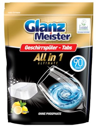 Glanz Meister Alles in 1 Spülmaschinentabs 90 Tabs – Entfernen Fett und Hartnäckigen Schmutz, Neutralisieren Gerüche, Schützen Glas und Dekore, Energiesparend und Biologisch Abbaubar