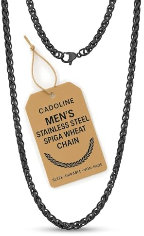 Cadoline Mens Spiga Braided Wheat Chain Necklace Stainless Steel Black, Gold, Silver 3-8mm and 16-26 Inches