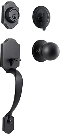 NeuType Front Door Handle Sets with Deadbolt Lock Set Door Entry Door Locksets Single Cylinder HandleSet Curved Handle Lower Half Grip Round Knob, Black