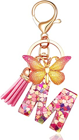JINGUAZI Initial letter Keychains for Women Tassel Butterfly Pink Cute Car Keychain for Wallet Purses Backpack (Pink M)