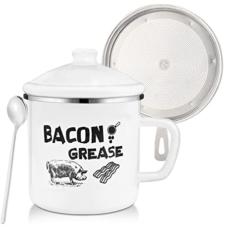 1.5L Bacon Grease Container with Strainer, 46oz Large Enamel Rustic Farmhouse Fat Container With Lid & Spoon, Bacon Grease Keeper for Kitchen Cooking or Frying Oil
