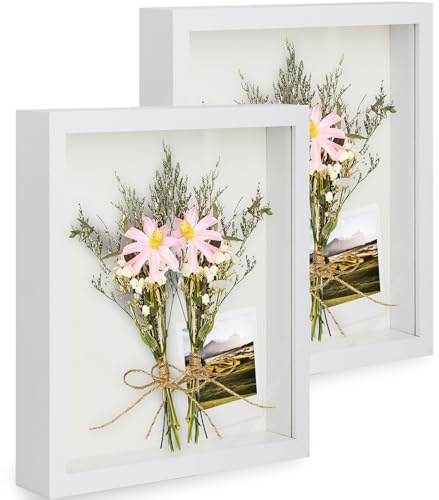 Anhow 2er 3D Bilderrahmen zum Befüllen, 3D Bilderrahmen Tiefer Objektrahmen 20 x 25 cm mit Transparente Echtglas für Tischplatte und Wand - Weiß/ 3cm