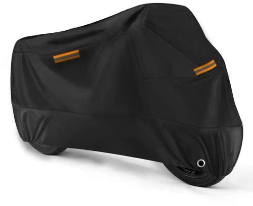 ROMGTNN Universal Motorcycle Cover Waterproof Outdoor Storage All Weather Rain Snow Sun Winter All Season Durable with Lockholes & Night Reflective Black Oxford 108 Extra Large Heavy Duty Protection