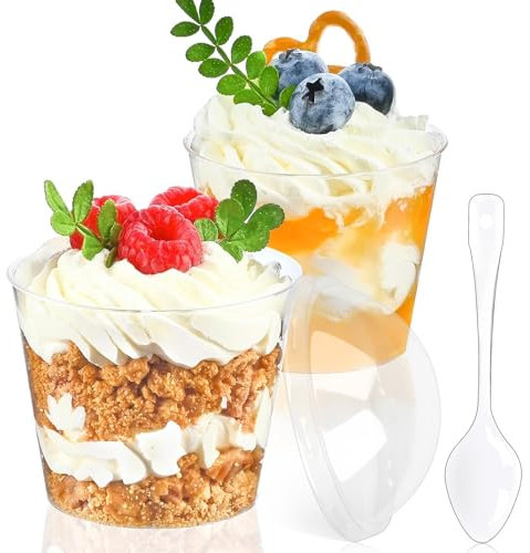 Huanmin 50 Pcs Monoporzione per dolci, 180ml Bicchierini finger food, Finger food con coperchio e Cucchiaio, Tazze da dessert trasparenti peril gelato, Budino, Mousse, Riso, Apericena