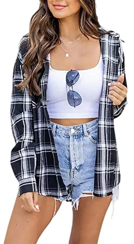 Women's Blouses Shirts Flannel Button Up Plaid Hoodie Oversized Long Sleeve Tops Black White