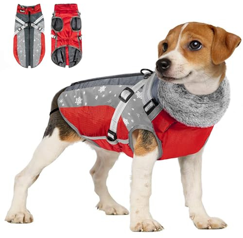 Eyein Hundemantel Winter, Wasserdichter Fleece Hundemantel mit Geschirr für kleine, mittlere und große Hunde, reflektierende verstellbare Welpenweste für Spaziergänge im Freien (Rot, M)
