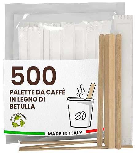 500 Palette Caffè Monouso in Legno di Betulla, Imbustate Singolarmente, Biodegradabili e Compostabili, Resistenti al Calore per Mescolare Caffè e Bevande - Made in Italy