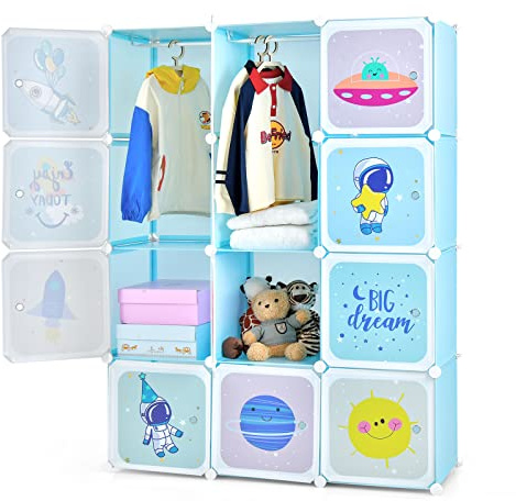 COSTWAY Meuble Rangement Enfants 12 Cubes avec Motif de Cosmique, Armoire Modulable Enfants avec Cadre Métallique, Charge 2,5kg pour Vêtements Chaussures Jouets, 107 x 36 x 142 CM