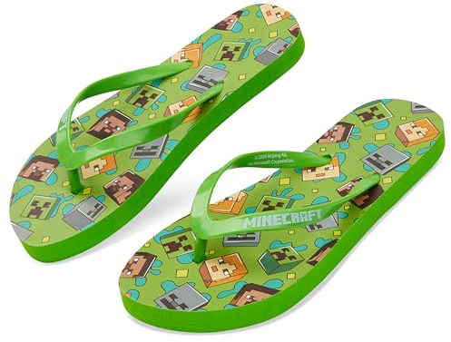 Minecraft Boys Sliders or Flip Flops for Beach and Pool - Boys Gifts (Green Flip Flops, 11-12 UK)