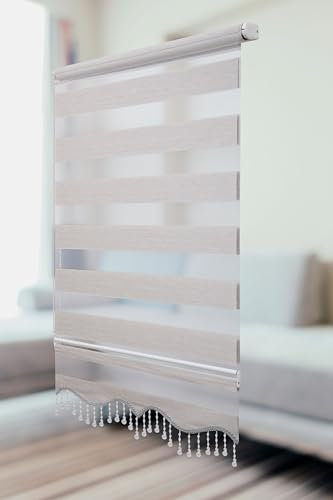 PlisseeOnline Doppelrollo Klemmfix ohne Bohren Grau mit Perlen Duo Rollo für Fenster und Türen Plissee Rollo Gardine 110 x 150 cm Blickdicht Klemmrollo mit Perlen Seitenzugrollo