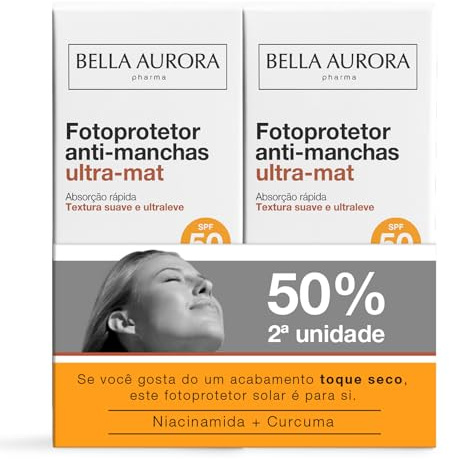 BELLA AURORA - Fotoprotector Antimanchas Ultra-Mat SPF 50 Pack de 2 x 50 ml, Protector Solar Facial, Textura Gel, Suave y Ultraligera, Protección Solar Antimanchas, para Piel Grasa, con Radicare Gold