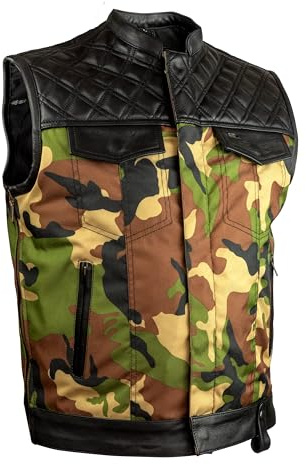 Iguana Custom - Chaleco Chester en Camuflaje con Detalles en Cuero para Moteros MC Chopper Bobber con Ajustes Laterales con Cremallera (IGN-44632-CAMO, FR/ES, Letras, XL, Regular, Regular)