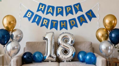 18.Geburtstag Dekoration Junge, Luftballon 18 Geburtstag Blau Junge, 18. Ballon Metallic Silber Blau Gold Deko, Geburtstagsdeko Jungen 18 Jahre, 18 Geburtstagdeko(18.)