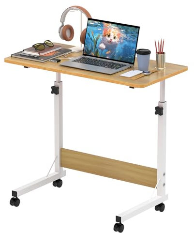 Utlenianie Beistelltisch mit Rollen 60x40x69-90cm, Laptoptisch Höhenverstellbar, Computertisch Kleiner Mobiler Schreibtisch Überbett-Tisch für Büro Schlafzimmer Bett Sofa (Holzfarbe)