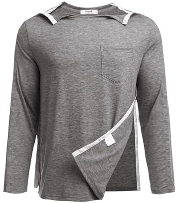 PINSPARK Sport-t-shirts, herr, funktionströja, långärmad skjorta, helt avtagbara t-shirts efter axeloperationer med tryckknapp, dialys Chemo-port, åtkomstskjorta S–XXL, LJUSGRÅ, L