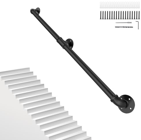 6.6FT/2M Pipe Stair Handrail Metal Railing Staircase Handrails Wall Mount Non-Slip Safety Stair Rail Outdoor Indoor Industrial Pipe Handrail Black Step Baluster Handrail