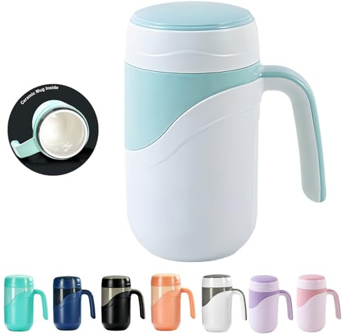 Klaraber Ceramic Travel Mug 12oz, 350ml Ceramic Liner Insulated Mug with Leak Proof Lid and Handle, Perfect for Coffee or Tea, Suitable for Using at Home, Office or School(White Green)