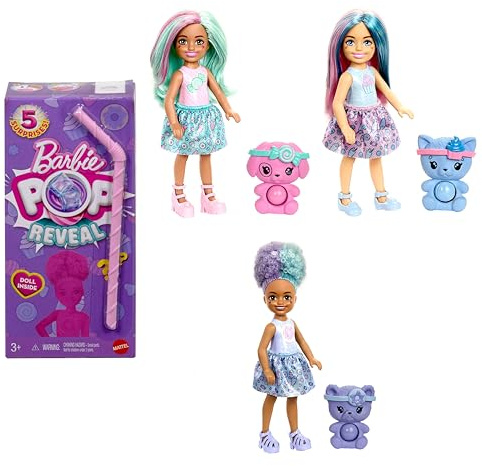 Barbie Chelsea Pop Reveal Set mit Puppe, Treat-Serie mit 5 Überraschungen, darunter eine duftende kleine Puppe, Pop-it-Haustier und Farbwechsel (Stile können abweichen), JFY01