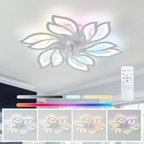 Luyaim RGB Ceiling Fan with Lights and Remote Control Reversible Quiet DC Motor Bedroom Fan Light LED Dimmable Living Room White Modern Flower Ceiling Fan Designs, 6 Lights, 6 Speed, Memory Function