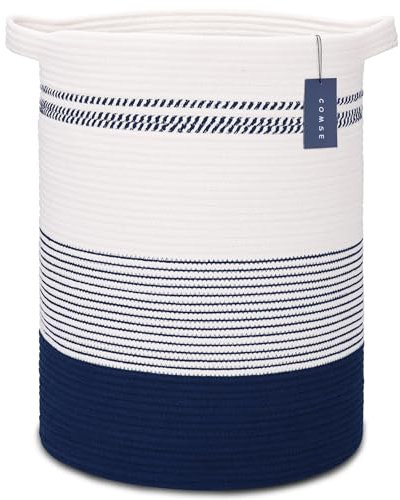 COMSE Panier à linge extra large en corde de coton tissée pour ranger jouets, vêtements, serviettes, 40 x 55 cm, bleu marine et blanc