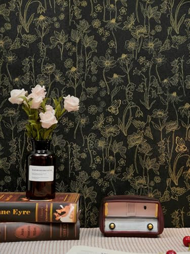 Fiula Papier peint autocollant motif floral noir et doré 44 cm x 3,5 m, papier contact oiseau abeille, papier peint imperméable en vinyle pour meubles, chambre à coucher, salon, armoire