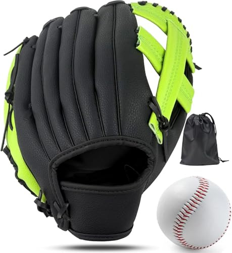 LeapBeast Baseball Gloves, Softball Gloves with 1 Ball, Baseball Training Competition Glove, Thickening, Durable Softball Gloves for Children, Adults (Green Black B, 11.5 Inches)