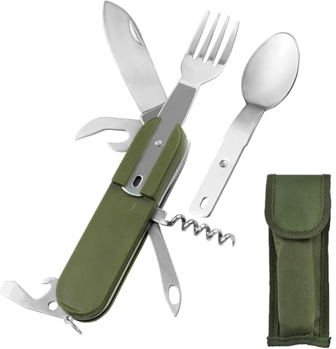 BUKYCAT Vaisselle Pliante en Acier Inoxydable 7 en 1, Couvert Camping Multifonction, Vaisselle de Voyage, Vaisselle de Camping en Acier Inoxydable pour Camping en Plein Air - Amovible (7 en 1)