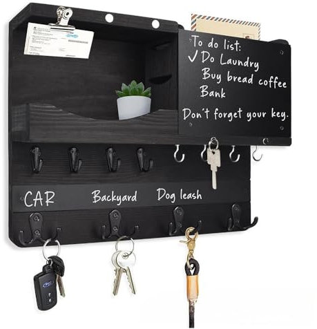 Niciksty Portachiavi in Legno con Ripiano, Portachiavi da Parete per Chiavi con 12 ganci, Portachiavi da Parete con Cassette Postali e Lavagna per Aree D'Ingresso e Dietro le Porte. Nero