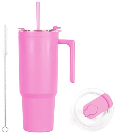 CJWLKJ 40oz Reusable Plastic Insulated Tumblers with Handle and Straw, Double Wall Tumbler with Lid, Cup Holder Friendly Travel Mug for Cold Drinks, Sand ice, Pink