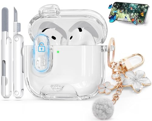 TNSNK Stoßsichere Clear für AirPods 4 Hülle, Weiß | Integrierter Handyständer, mit Reinigungsstift & Schlüsselanhänger, Anti-Yellowing