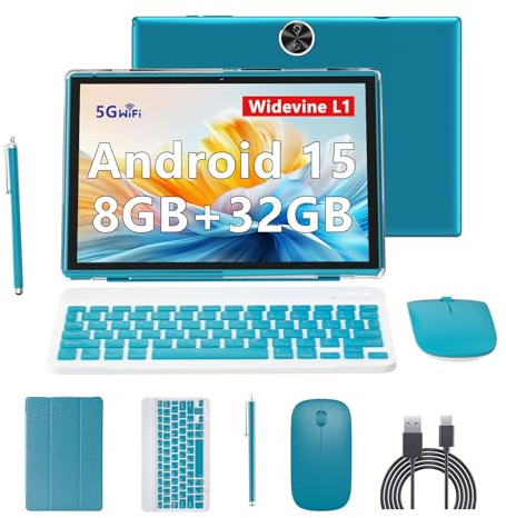 RUIQIAI Tablet Android 15, 2 in 1 Tablets 10 inch with Keyboard Mouse Case Stylus, 8GB+32GB+1TB Expand, 1280 * 800 IPS Touch Screen Computer, 5G WiFi 6, L1, Long Battery Life Tablet （Green）