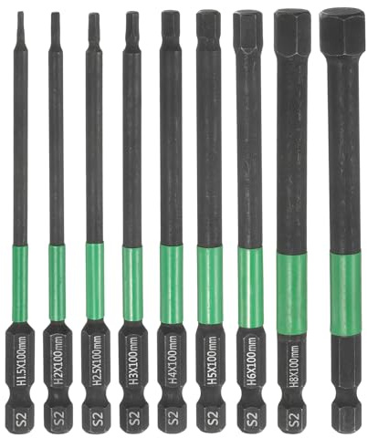 sourcing map 9pcs H1.5-H10 Flat Hex Screwdriver Bit Set 1.5mm-10mm Metric Tip 1/4 Hex Shank 100mm (4) Long Magnetic Hexagonal Screw Drill Bit Wrench Black Phosphate S2 Steel Driver Socket