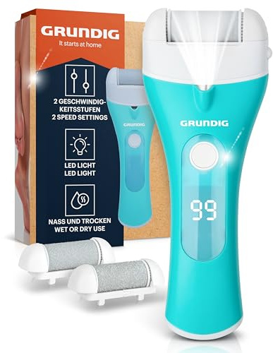 Grundig Hornhautentferner elektrisch Pro - schnell Hornhaut entfernen ohne Bücken - Premium Akku Hornhaut Entferner nass + trocken mit Arbeitslicht, 3 Fuß Rollen, wiederaufladbar