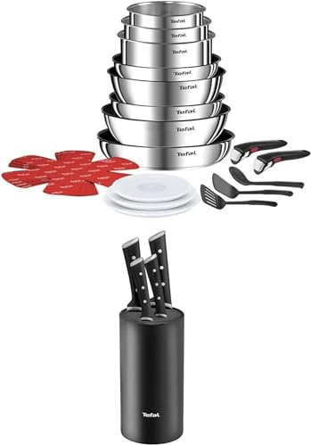 Tefal lot Ingenio Batterie de cuisine 20 pièces, Poêles, Casseroles, 2 poignées amovibles, Induction, Empilable, L897SK04 + Tefal bloc de couteaux de cuisine, 4 couteaux, Acier inoxydable K2324S55