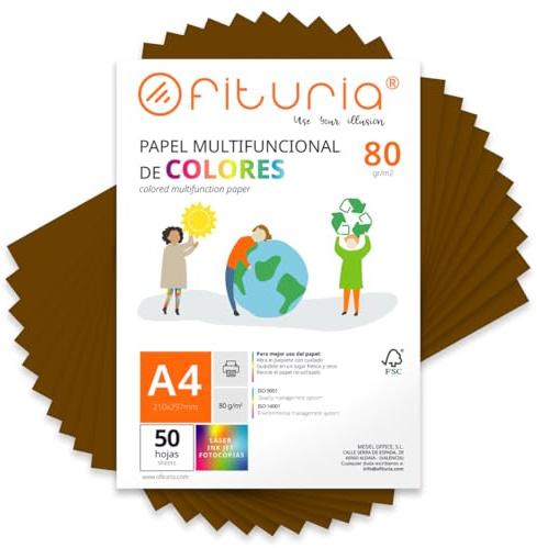 OFITURIA Buntes Papier, 50 Blatt A4 80g – Farbiges Papier für Basteln, Drucker, Scrapbooking – Farbbögen (Braun, 50 Blatt)
