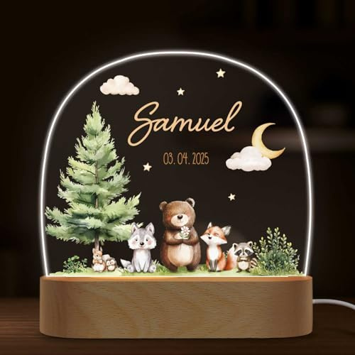 GRAVURZEILE Personalisiertes LED Nachtlicht für Kinder - Waldfreunde - Personalisiert mit Namen & Datum - Tischlampe für Baby - Geschenk zur Geburt, Taufe & Geburtstag für Jungen & Mädchen