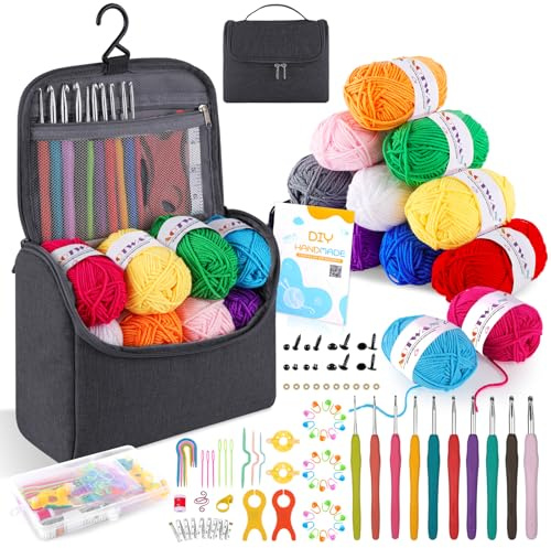 Kit per uncinetto per principianti e adulti, set di 12 gomitoli da 25 g, include uncinetti ergonomici in metallo da 2 a 6,5 mm, kit per maglieria, accessori, strumenti, custodia per uncinetto, kit per